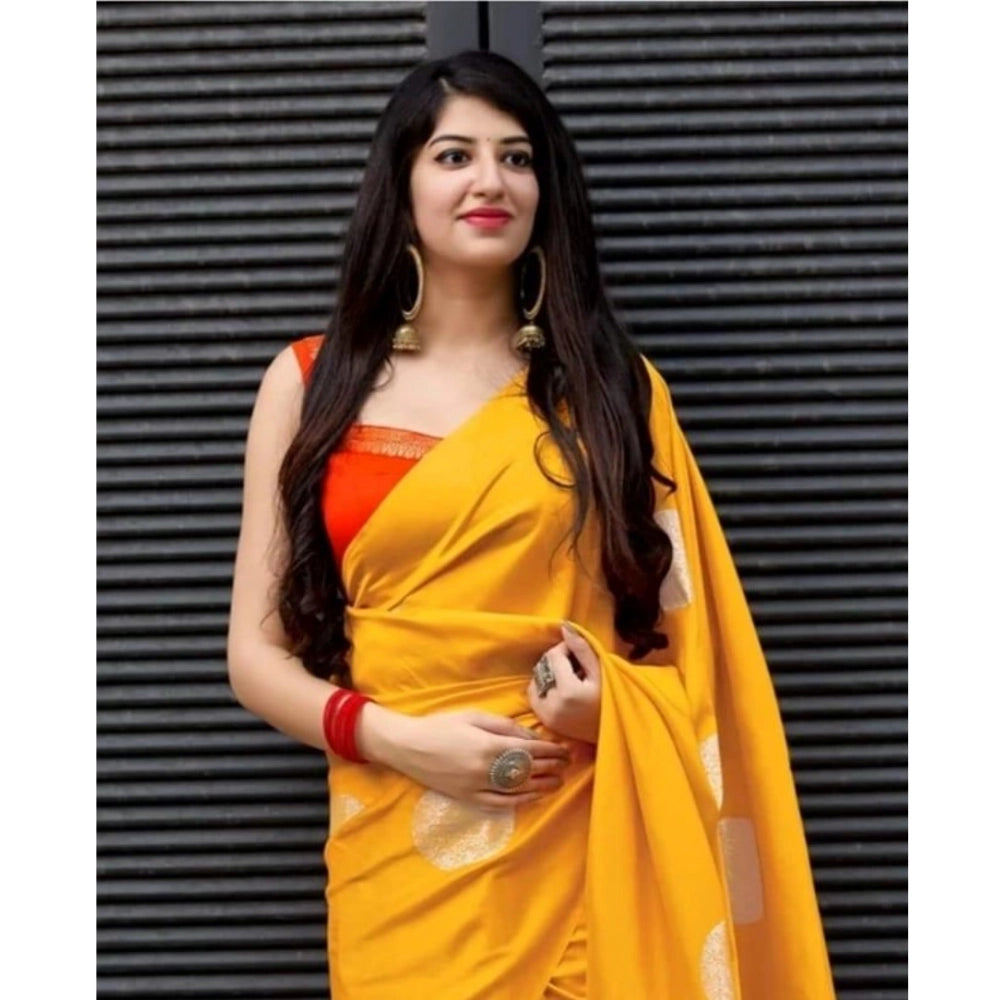 Vaystra Soft Lichi Silk Printed Saree With Unstitched Blouse 5.5Mtr – Yellow
