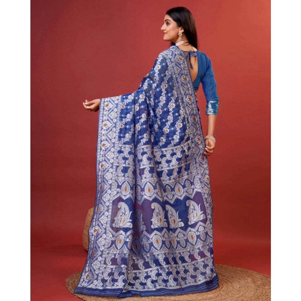 Vaystra Cotton Silk Printed Saree With Unstitched Blouse 5.5Mtr – Blue
