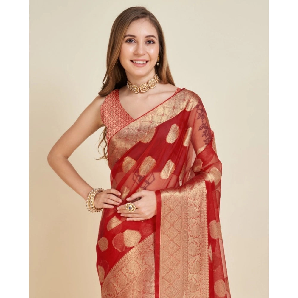 Vaystra Soft Organza Silk Weaving Design Saree With Unstitched Blouse 5.5Mtr – Red