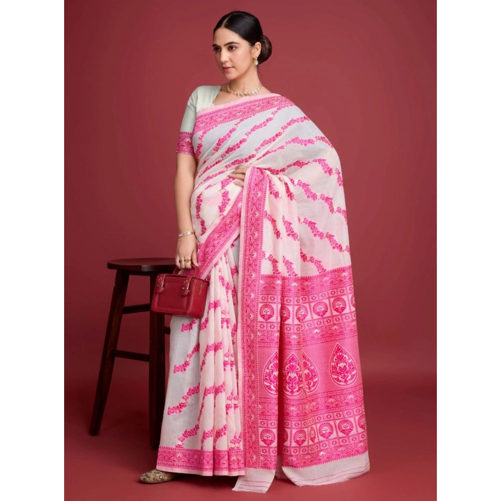 Vaystra Jamdani Cotton Silk Printed Saree With Unstitched Blouse 5.5Mtr – Pink