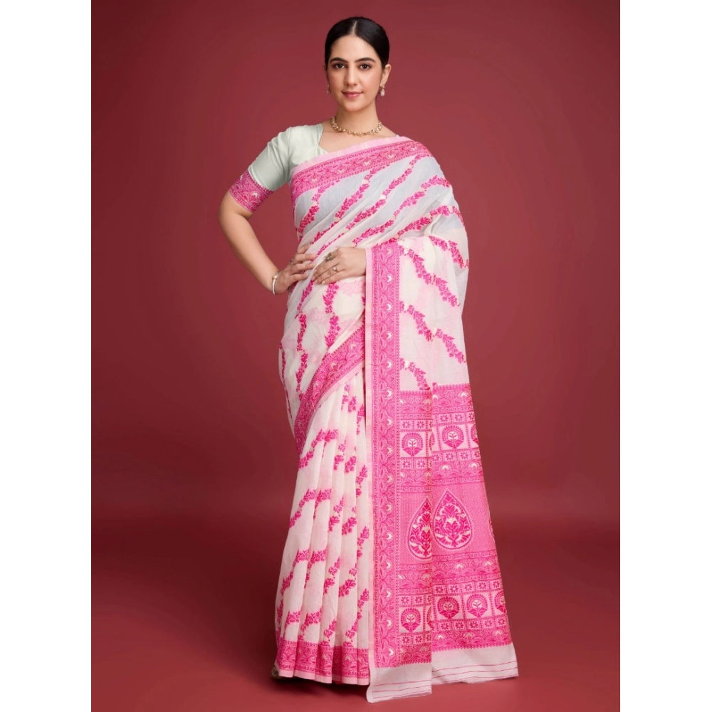 Vaystra Jamdani Cotton Silk Printed Saree With Unstitched Blouse 5.5Mtr – Pink