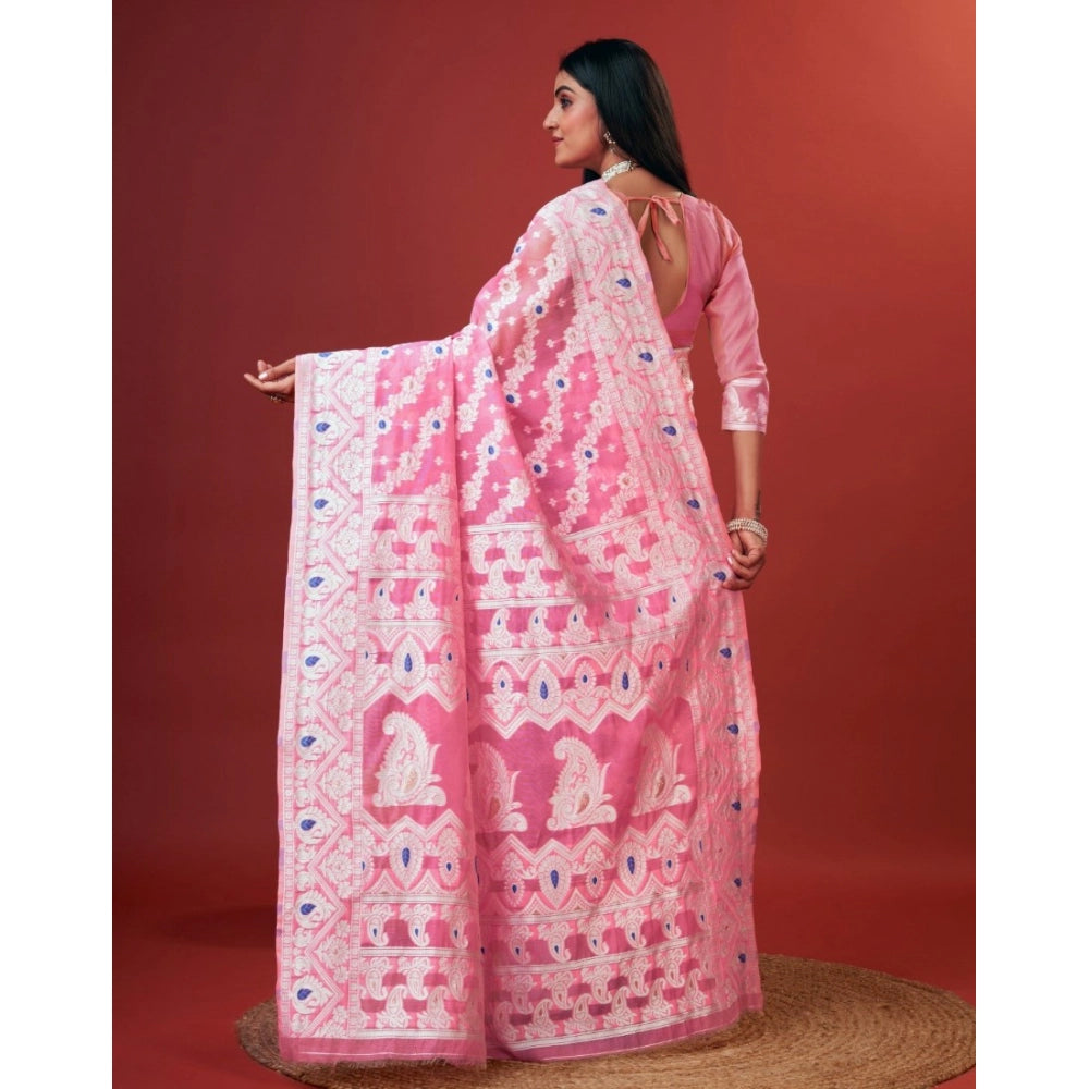 Vaystra Cotton Silk Printed Saree With Unstitched Blouse 5.5Mtr – Pink