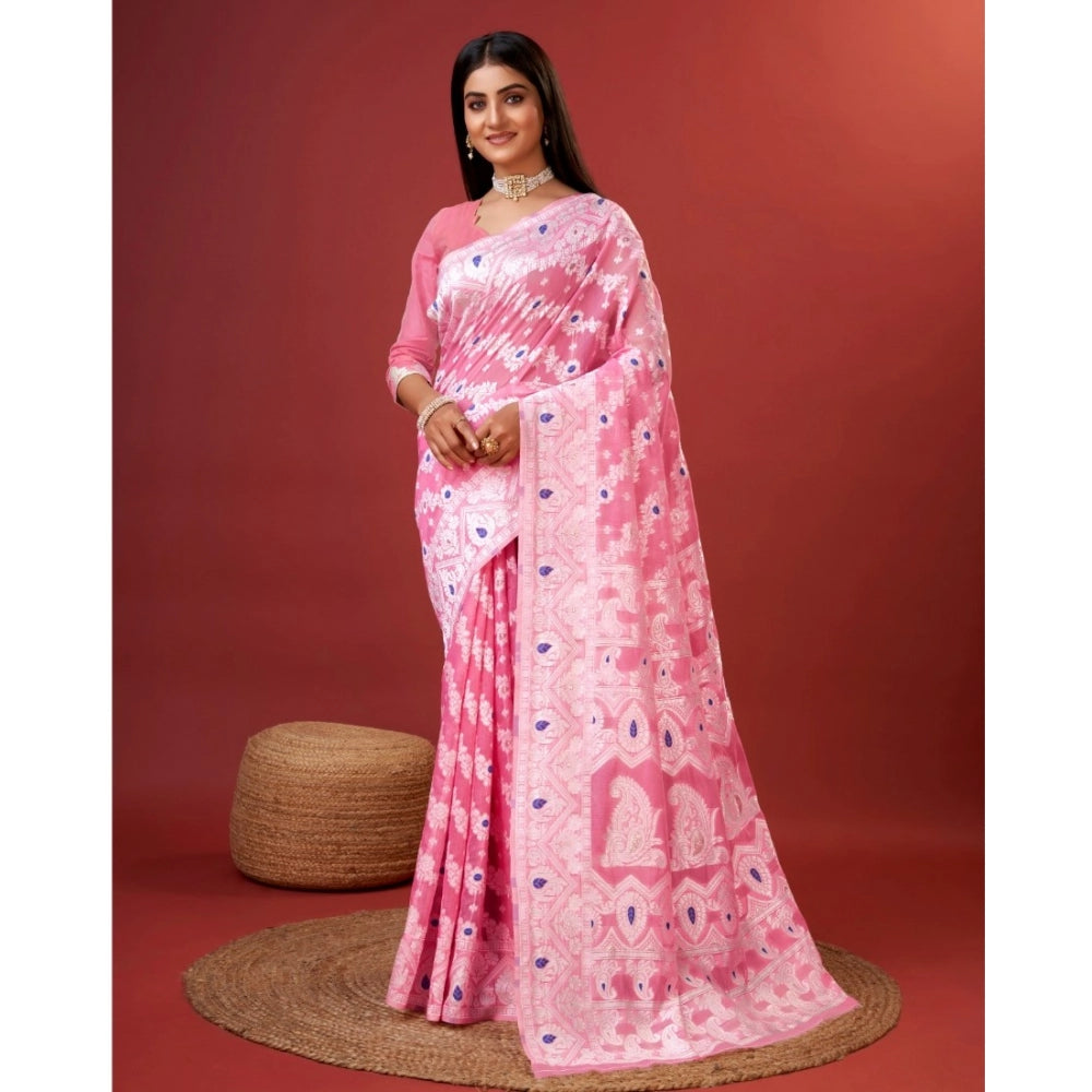 Vaystra Cotton Silk Printed Saree With Unstitched Blouse 5.5Mtr – Pink