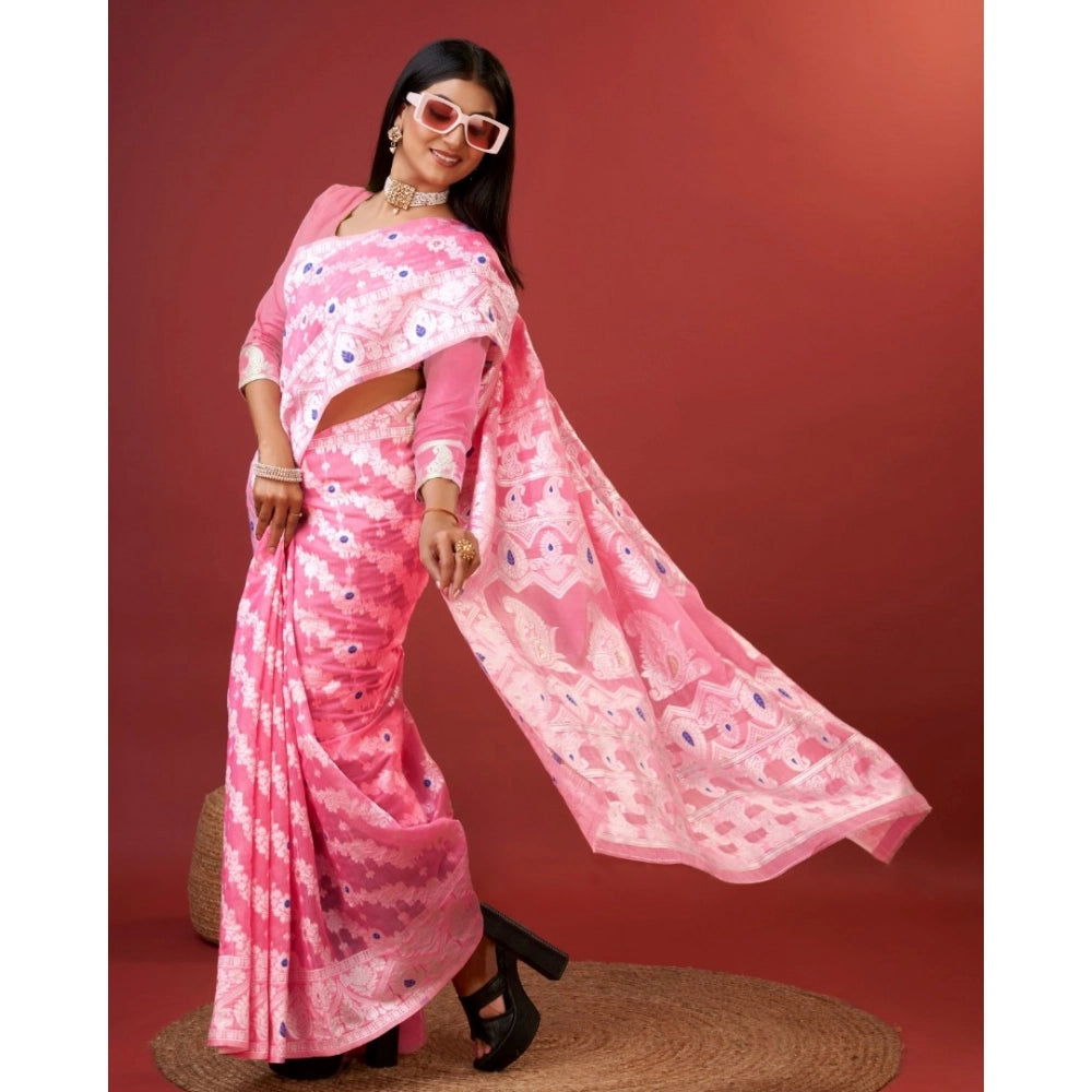 Vaystra Cotton Silk Printed Saree With Unstitched Blouse 5.5Mtr – Pink
