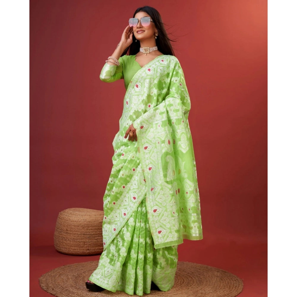 Vaystra Cotton Silk Printed Saree With Unstitched Blouse 5.5Mtr – Light Green