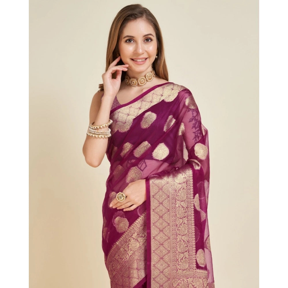 Vaystra Soft Organza Silk Weaving Design Saree With Unstitched Blouse 5.5Mtr – Wine