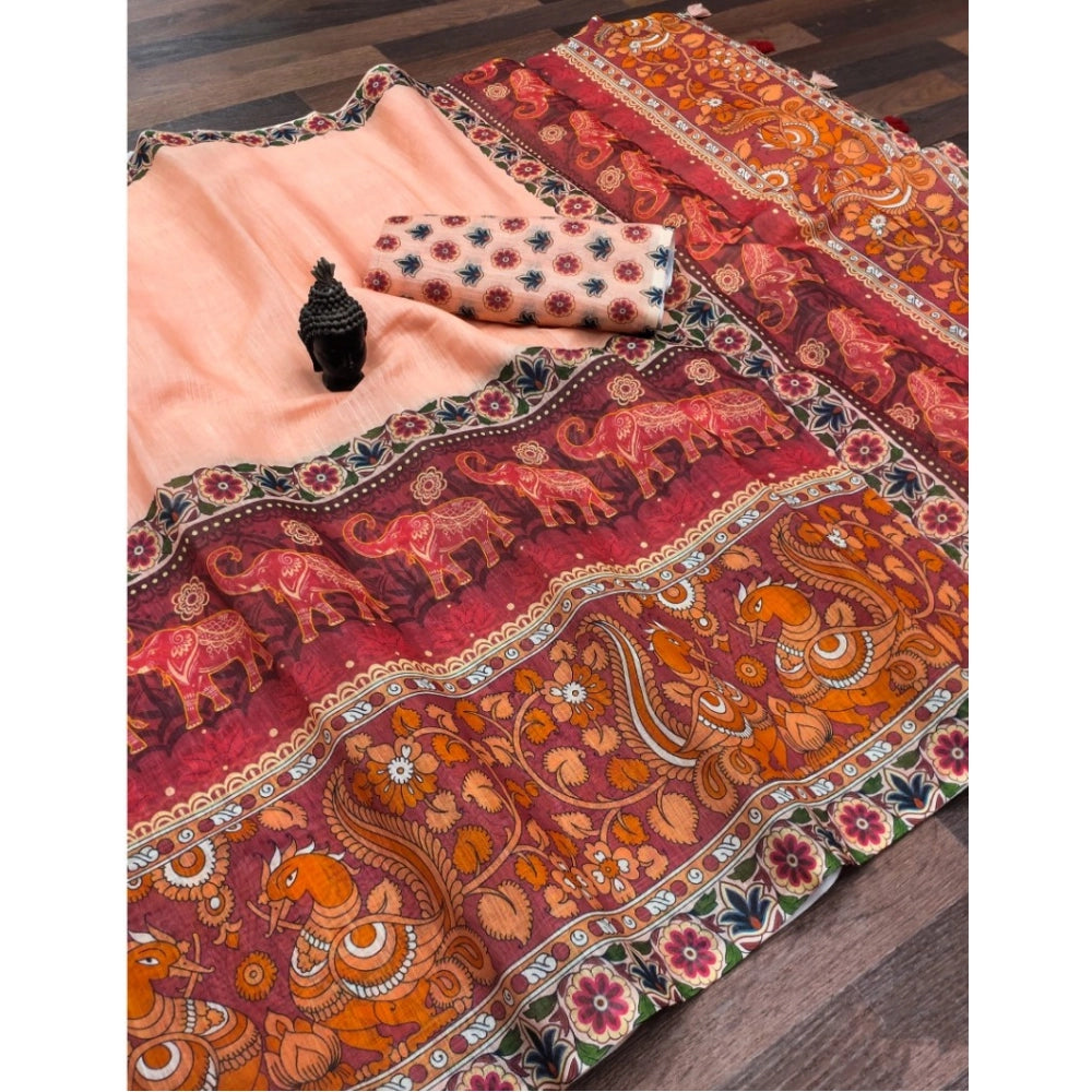 Vaystra linen Digital Print Saree With Unstitched Blouse 5.5Mtr – Peach