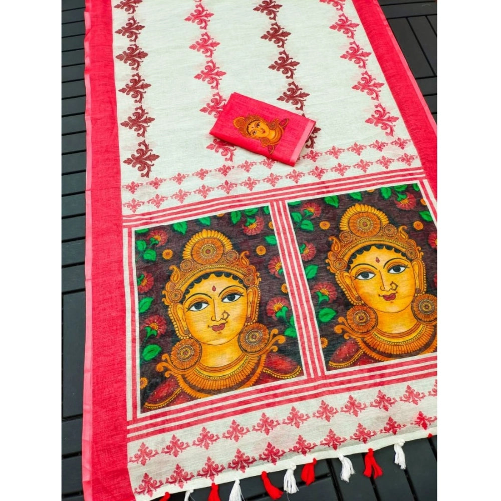 Vaystra linen Digital Print Saree With Unstitched Blouse 5.5Mtr – White
