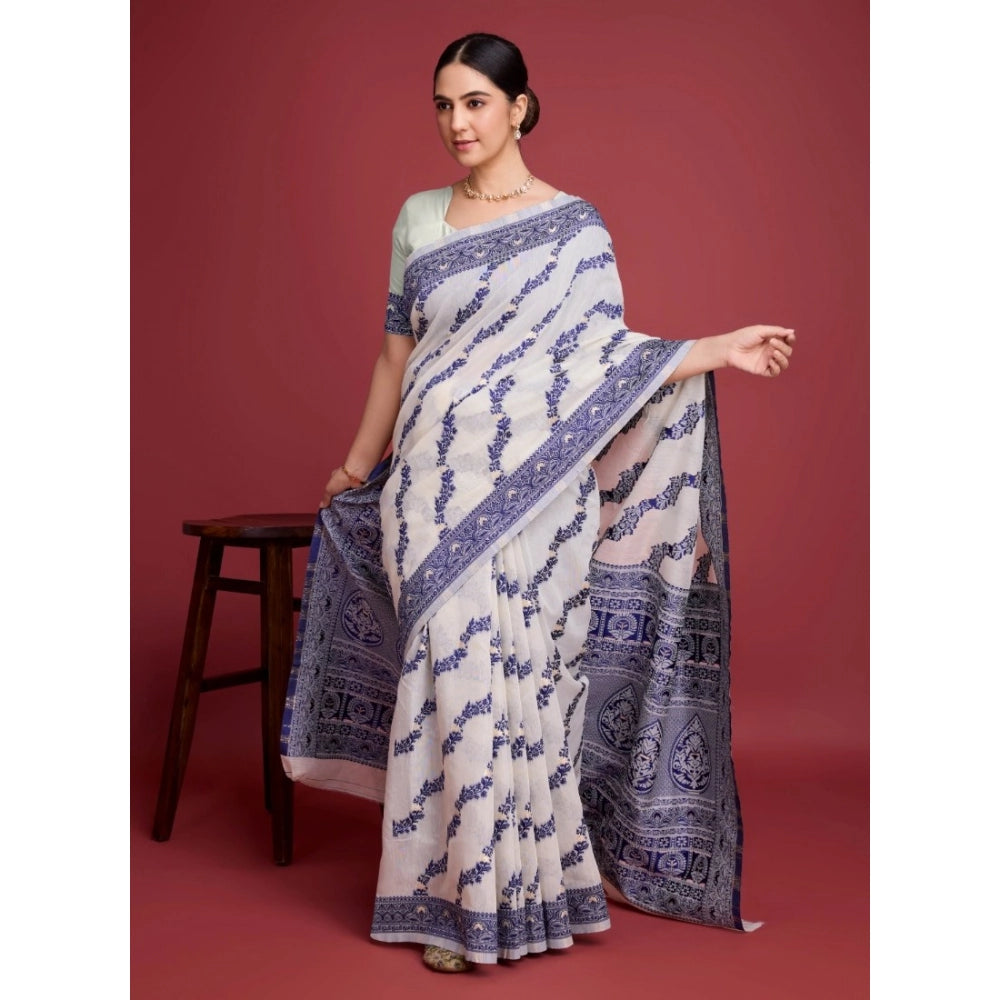 Vaystra Jamdani Cotton Silk Printed Saree With Unstitched Blouse 5.5Mtr – Navy Blue
