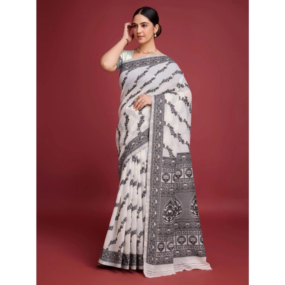 Vaystra Jamdani Cotton Silk Printed Saree With Unstitched Blouse 5.5Mtr – Black