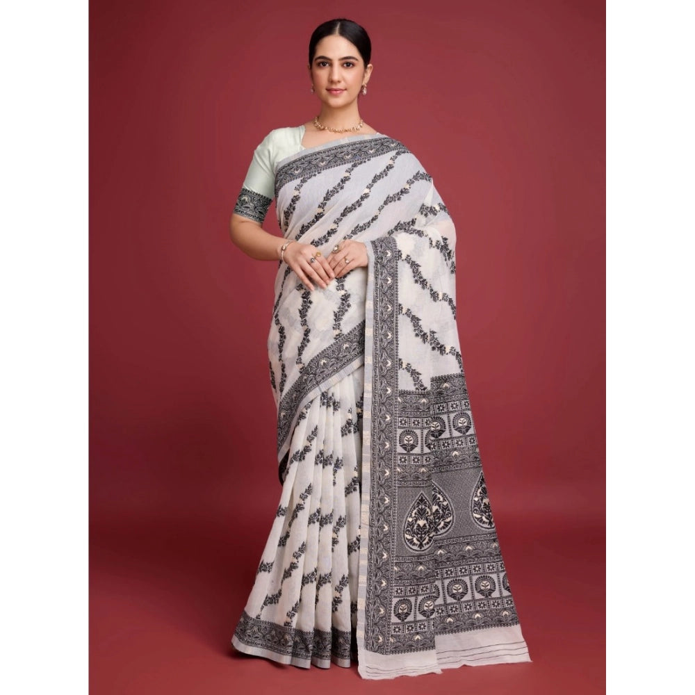Vaystra Jamdani Cotton Silk Printed Saree With Unstitched Blouse 5.5Mtr – Black