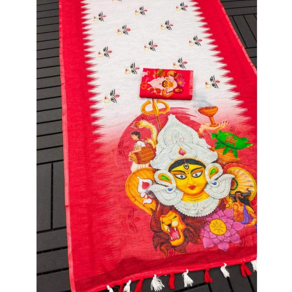 Vaystra linen Digital Print Saree With Unstitched Blouse 5.5Mtr – White
