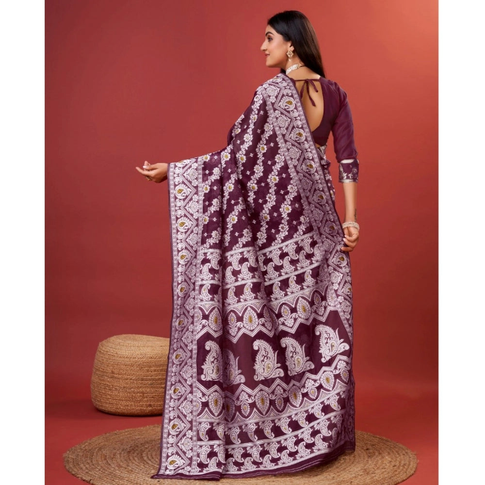 Vaystra Cotton Silk Printed Saree With Unstitched Blouse 5.5Mtr – Purple