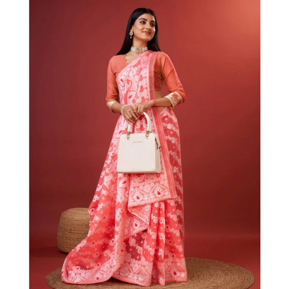 Vaystra Cotton Silk Printed Saree With Unstitched Blouse 5.5Mtr – Peach