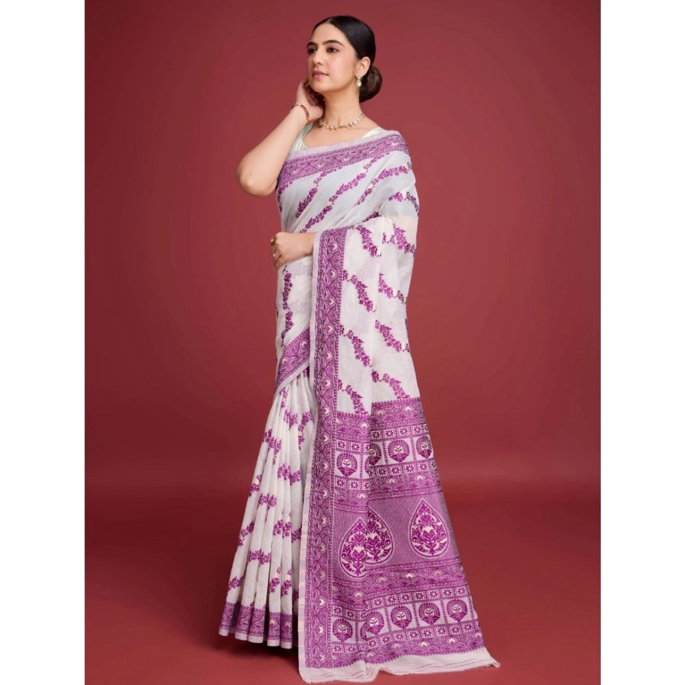 Vaystra Jamdani Cotton Silk Printed Saree With Unstitched Blouse 5.5Mtr – Wine
