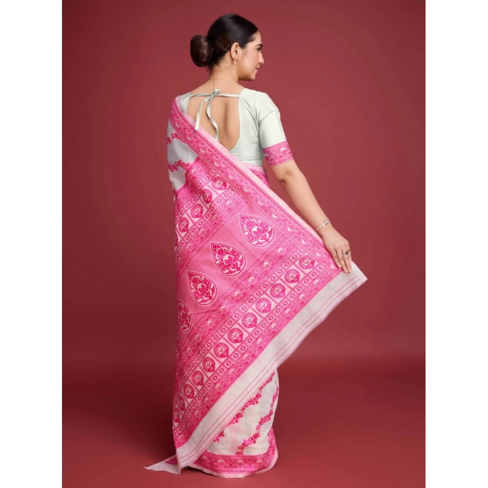 Vaystra Jamdani Cotton Silk Printed Saree With Unstitched Blouse 5.5Mtr – Pink