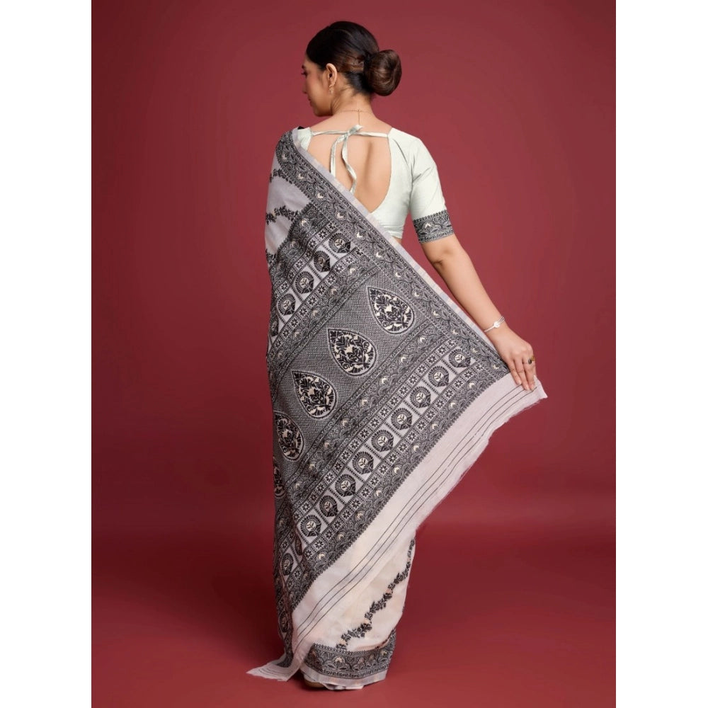 Vaystra Jamdani Cotton Silk Printed Saree With Unstitched Blouse 5.5Mtr – Black