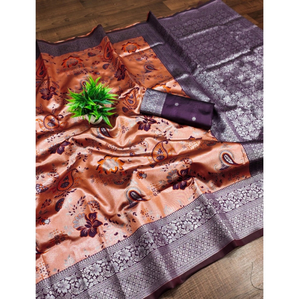 Vaystra Banarasi Jacquard Printed Saree With Unstitched Blouse 5.5Mtr – Orange
