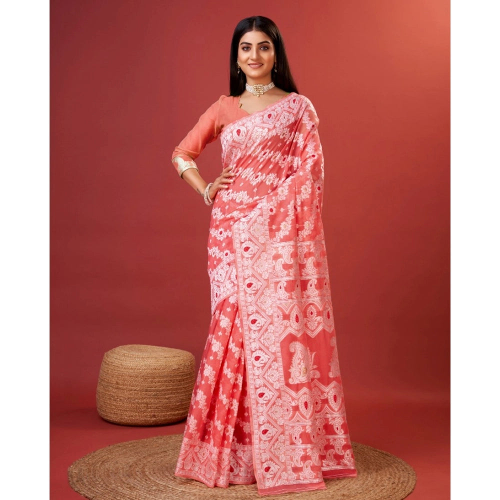 Vaystra Cotton Silk Printed Saree With Unstitched Blouse 5.5Mtr – Peach