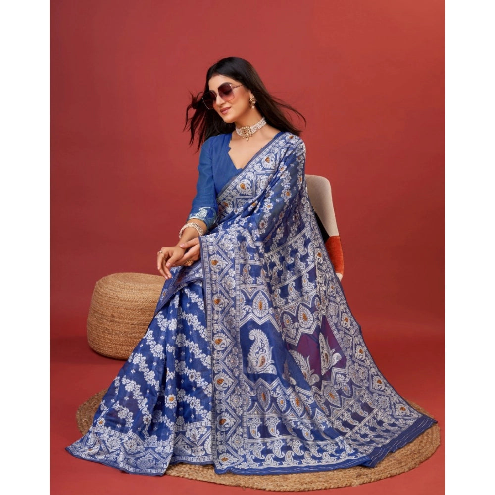 Vaystra Cotton Silk Printed Saree With Unstitched Blouse 5.5Mtr – Blue