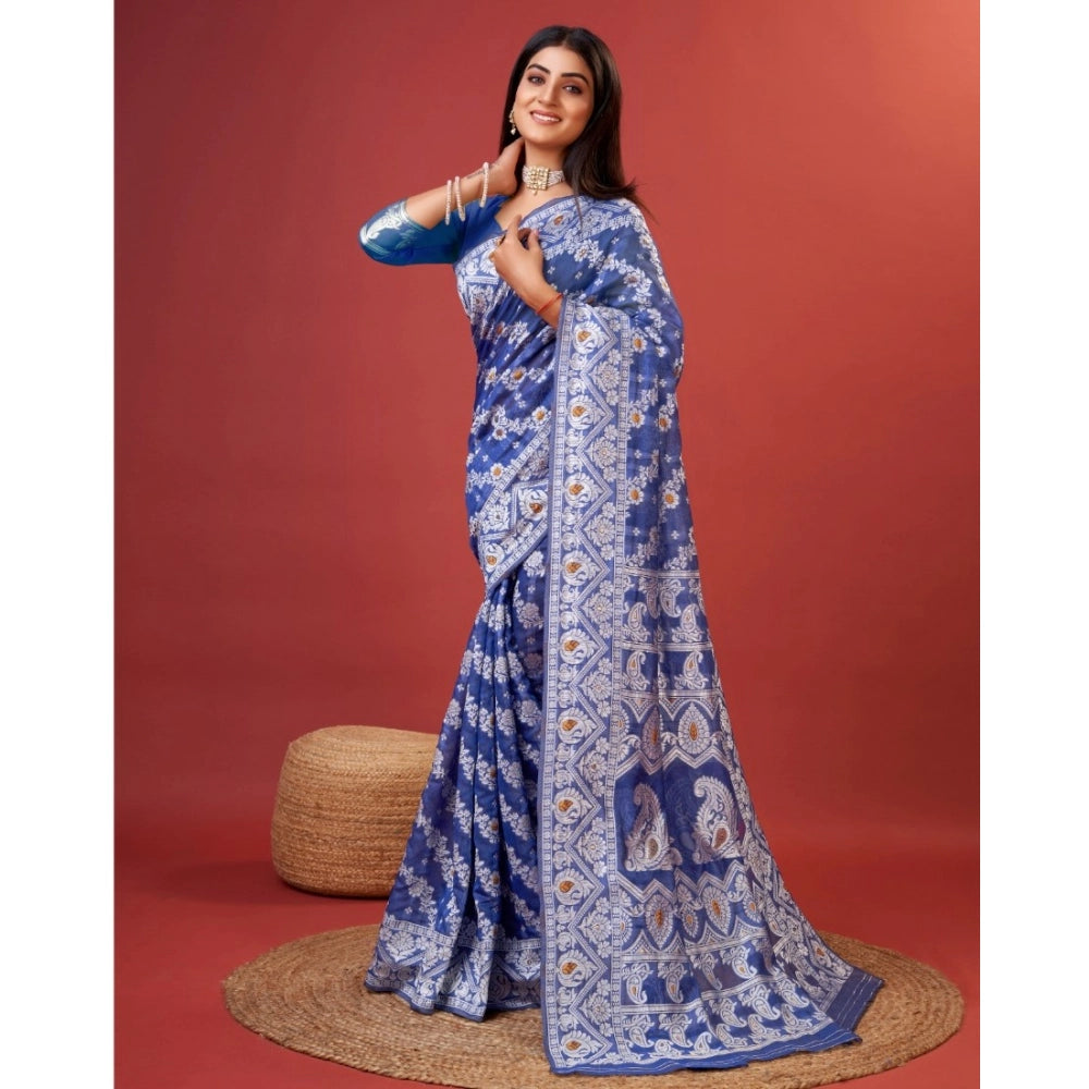 Vaystra Cotton Silk Printed Saree With Unstitched Blouse 5.5Mtr – Blue
