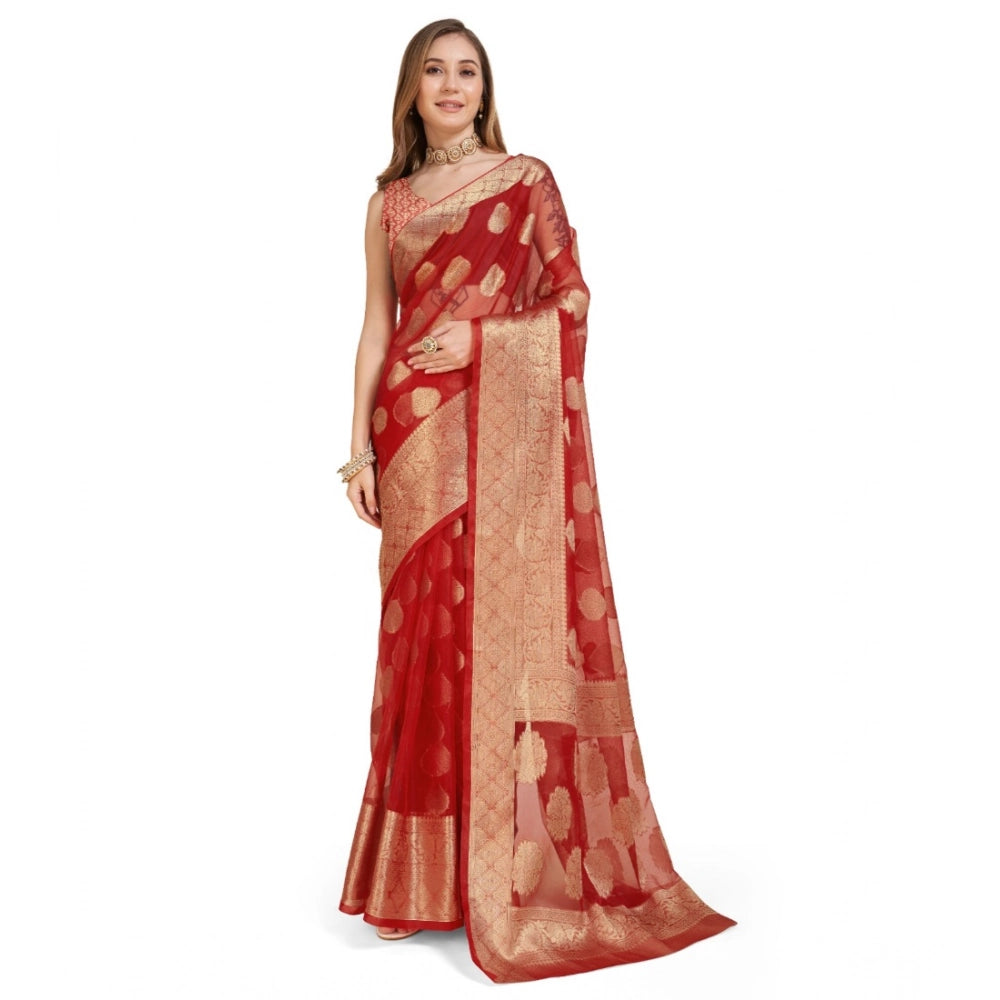 Vaystra Soft Organza Silk Weaving Design Saree With Unstitched Blouse 5.5Mtr – Red