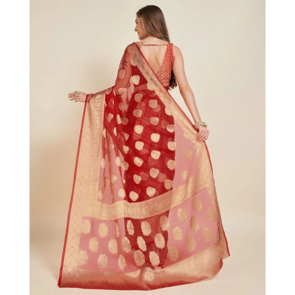 Vaystra Soft Organza Silk Weaving Design Saree With Unstitched Blouse 5.5Mtr – Red
