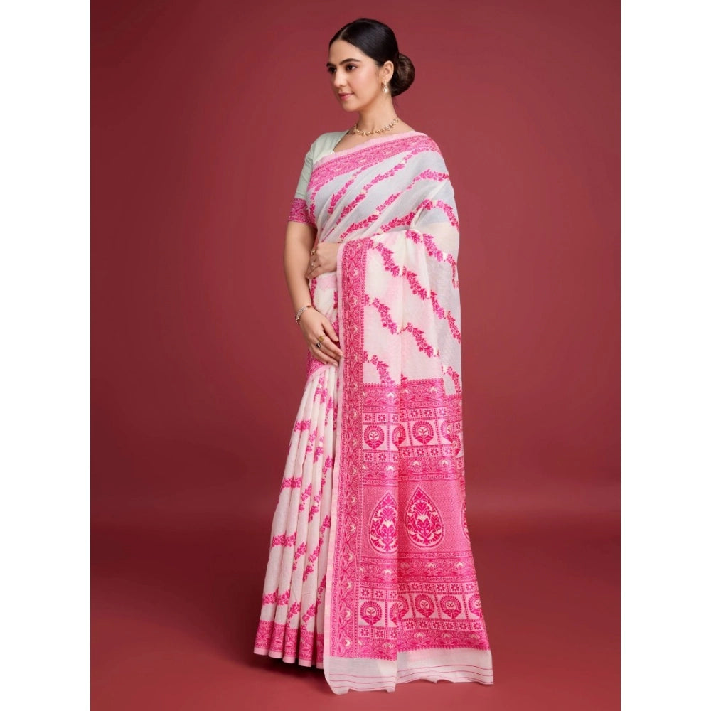 Vaystra Jamdani Cotton Silk Printed Saree With Unstitched Blouse 5.5Mtr – Pink