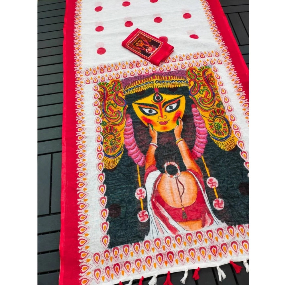 Vaystra linen Digital Print Saree With Unstitched Blouse 5.5Mtr – White