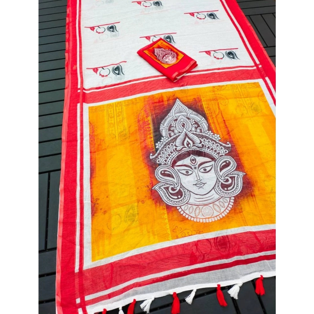 Vaystra linen Digital Print Saree With Unstitched Blouse 5.5Mtr – White