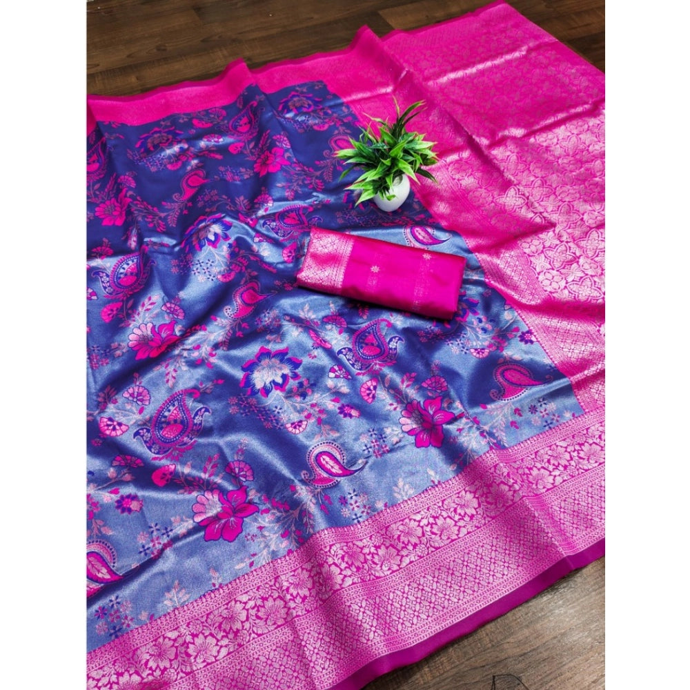 Vaystra Banarasi Jacquard Printed Saree With Unstitched Blouse 5.5Mtr – Navy Blue