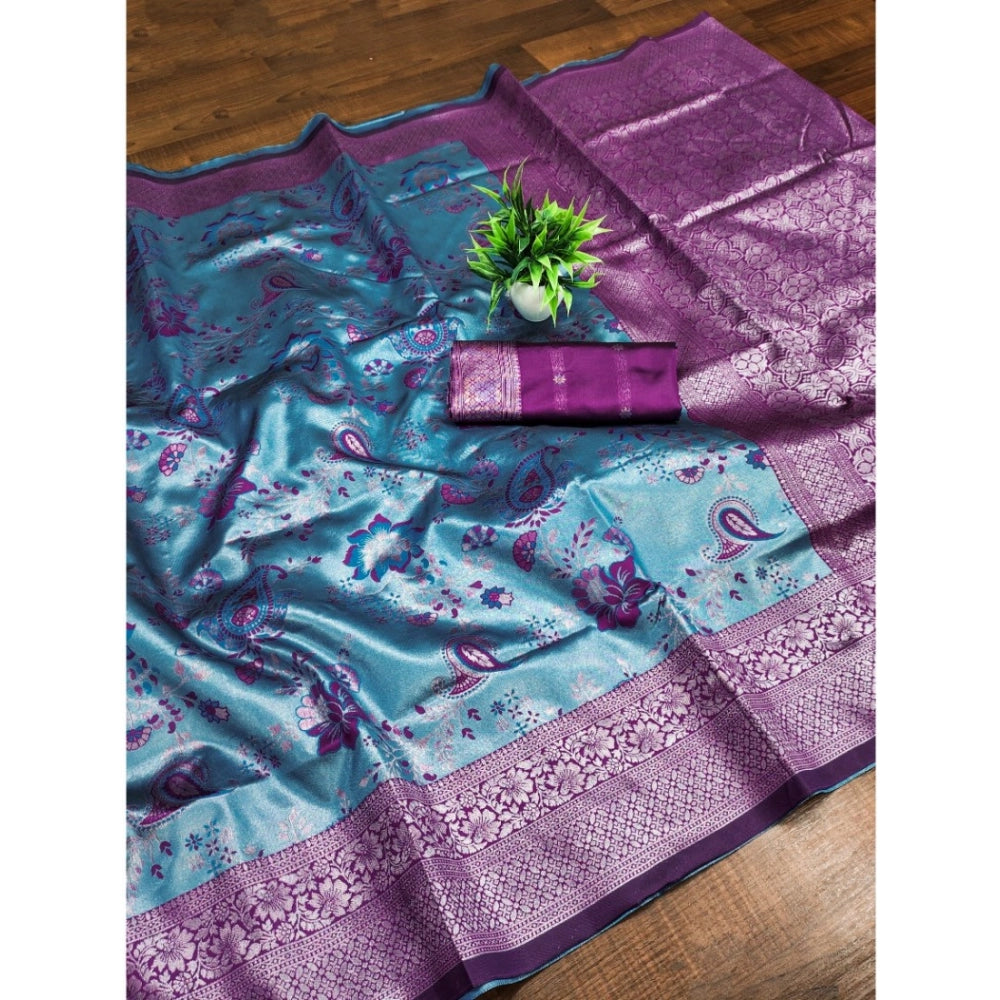 Vaystra Banarasi Jacquard Printed Saree With Unstitched Blouse 5.5Mtr – Blue