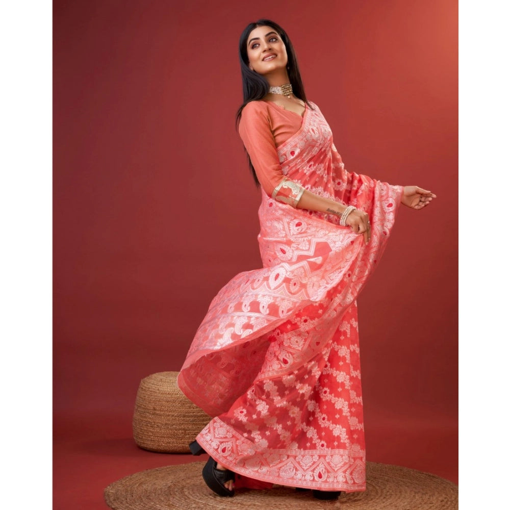 Vaystra Cotton Silk Printed Saree With Unstitched Blouse 5.5Mtr – Peach