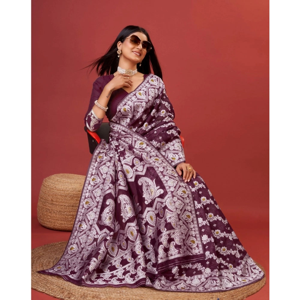 Vaystra Cotton Silk Printed Saree With Unstitched Blouse 5.5Mtr – Purple