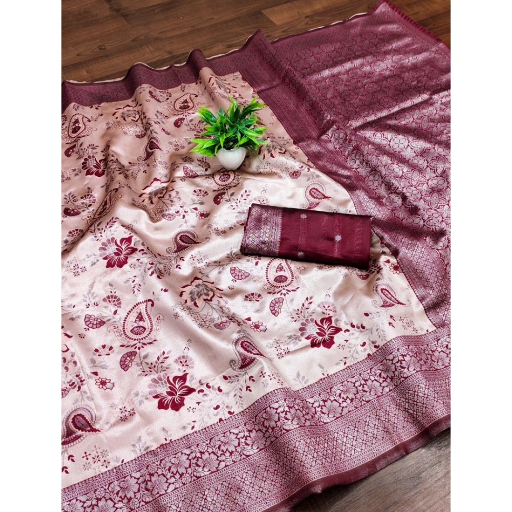 Vaystra Banarasi Jacquard Printed Saree With Unstitched Blouse 5.5Mtr – Wine
