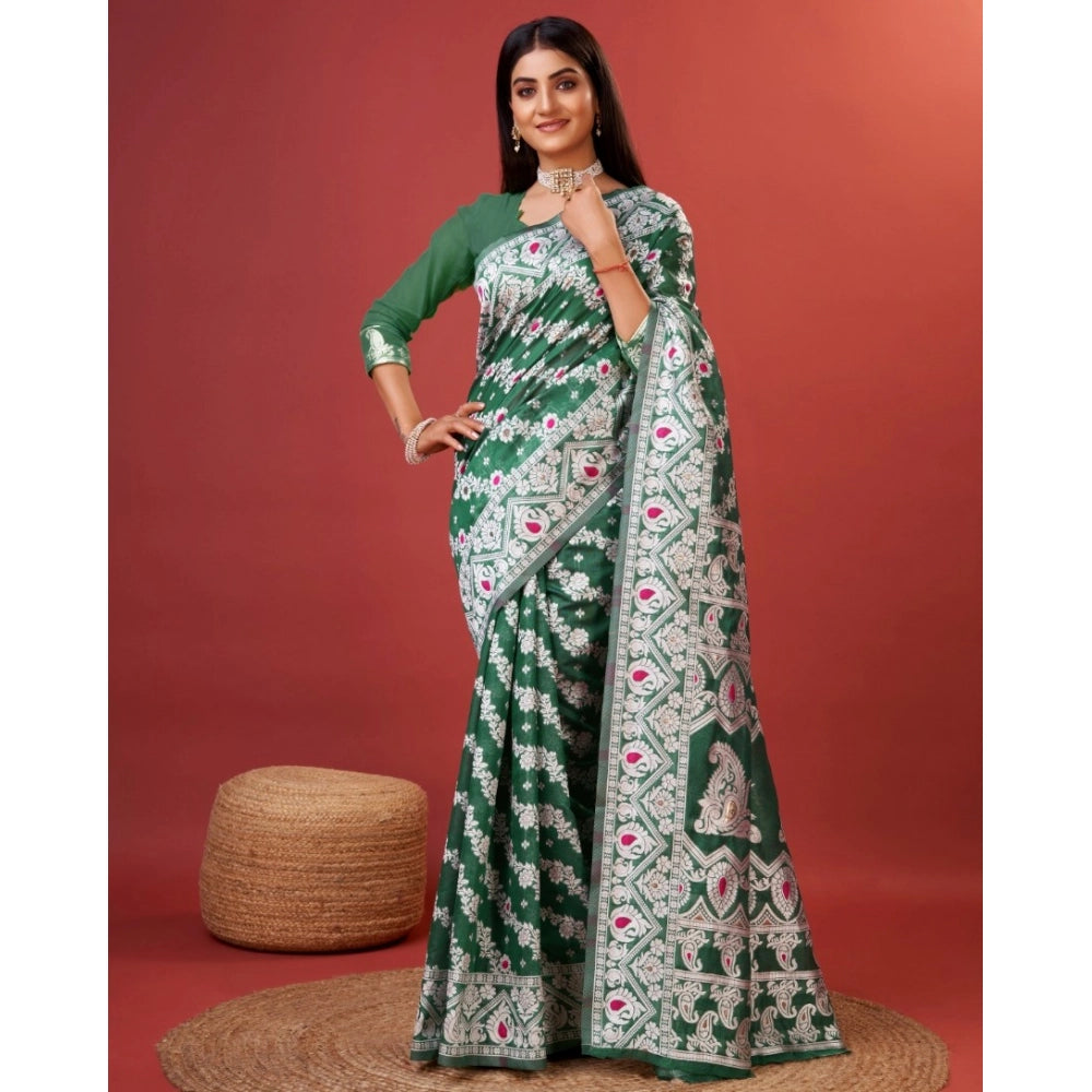 Vaystra Cotton Silk Printed Saree With Unstitched Blouse 5.5Mtr – Green
