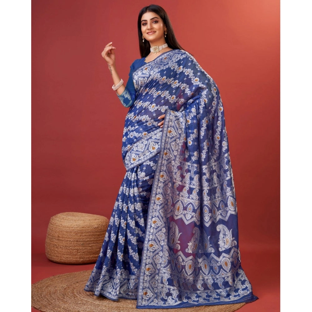 Vaystra Cotton Silk Printed Saree With Unstitched Blouse 5.5Mtr – Blue