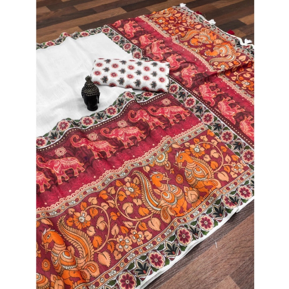 Vaystra linen Digital Print Saree With Unstitched Blouse 5.5Mtr – White