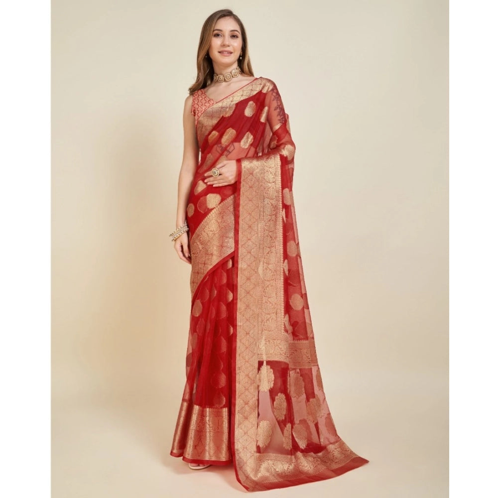 Vaystra Soft Organza Silk Weaving Design Saree With Unstitched Blouse 5.5Mtr – Red