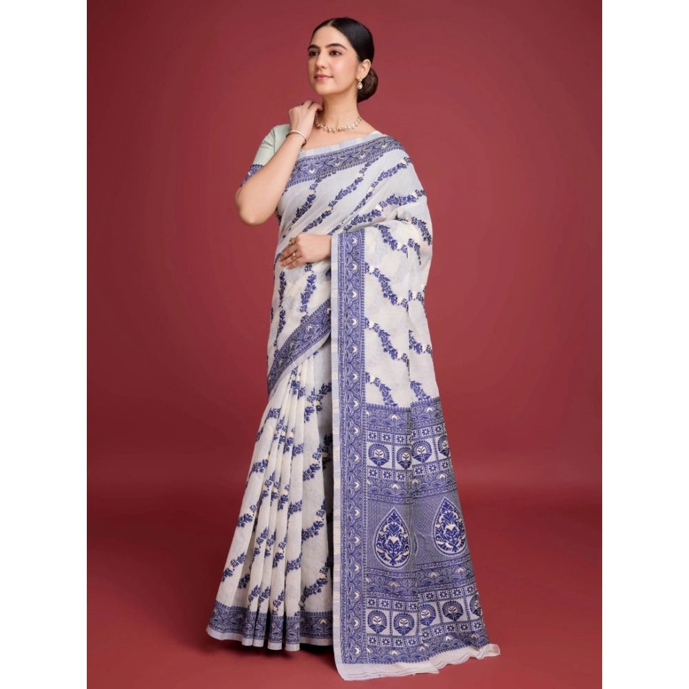 Vaystra Jamdani Cotton Silk Printed Saree With Unstitched Blouse 5.5Mtr – Navy Blue