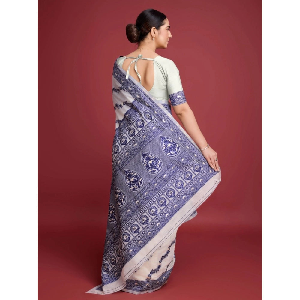 Vaystra Jamdani Cotton Silk Printed Saree With Unstitched Blouse 5.5Mtr – Navy Blue