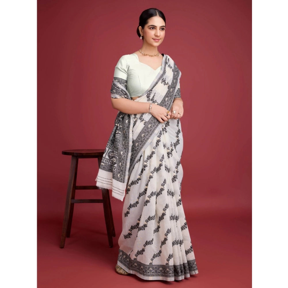Vaystra Jamdani Cotton Silk Printed Saree With Unstitched Blouse 5.5Mtr – Black