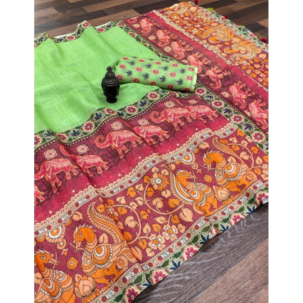 Vaystra linen Digital Print Saree With Unstitched Blouse 5.5Mtr – Light Green
