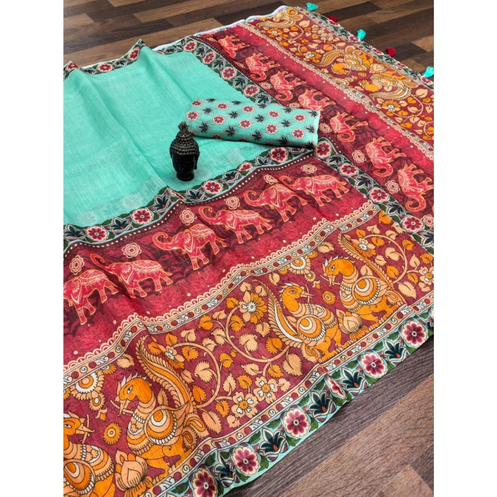 Vaystra linen Digital Print Saree With Unstitched Blouse 5.5Mtr – Turquoise