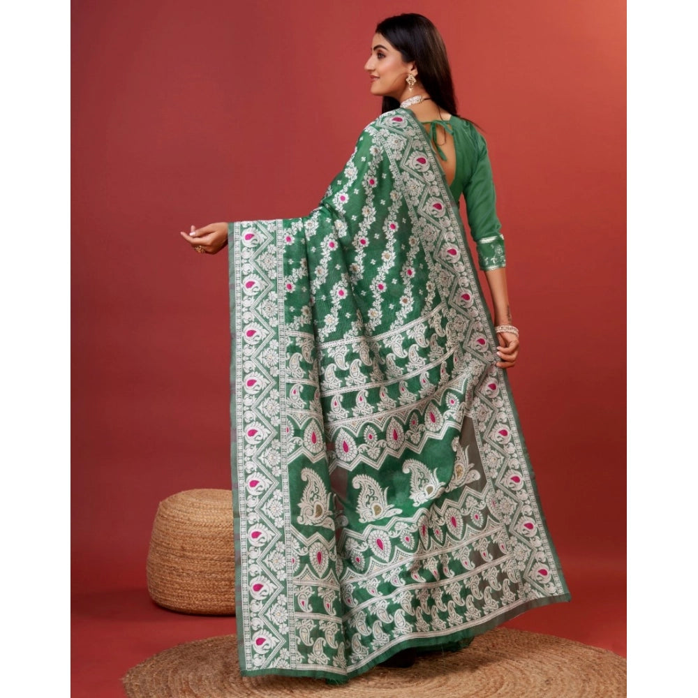 Vaystra Cotton Silk Printed Saree With Unstitched Blouse 5.5Mtr – Green