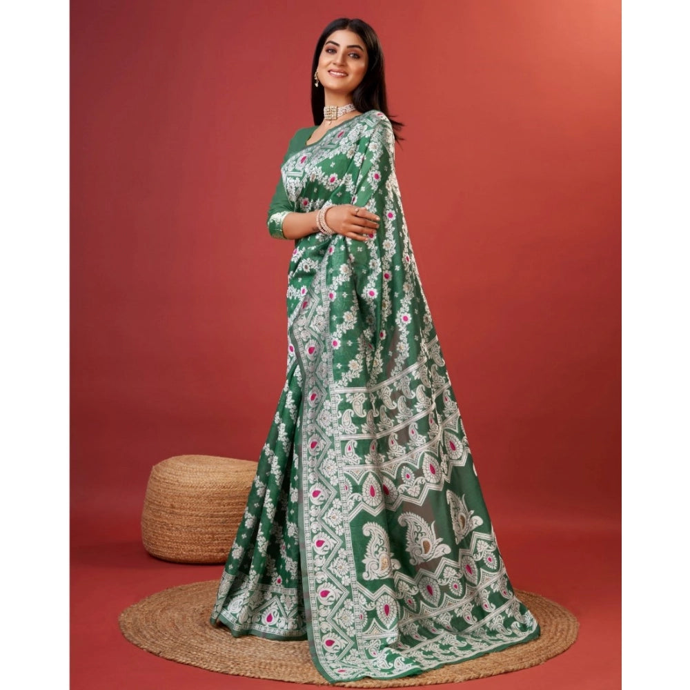 Vaystra Cotton Silk Printed Saree With Unstitched Blouse 5.5Mtr – Green