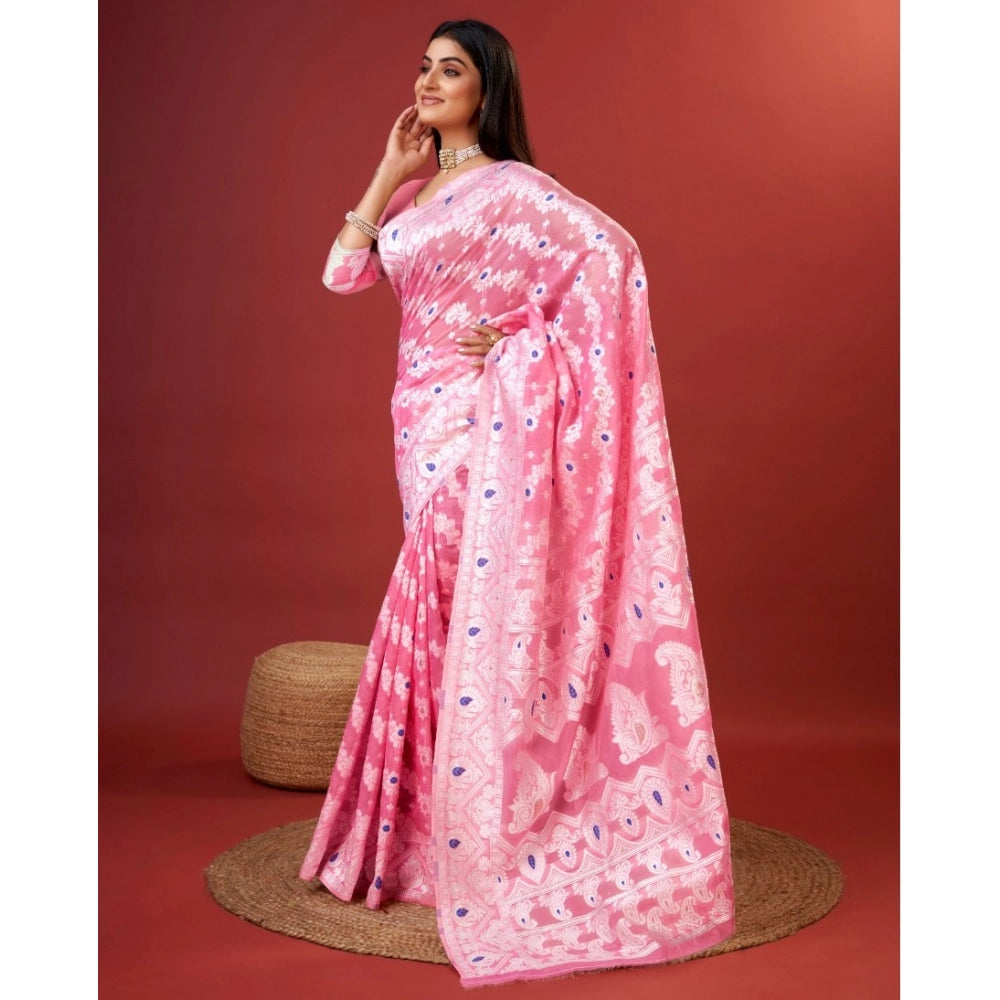 Vaystra Cotton Silk Printed Saree With Unstitched Blouse 5.5Mtr – Pink