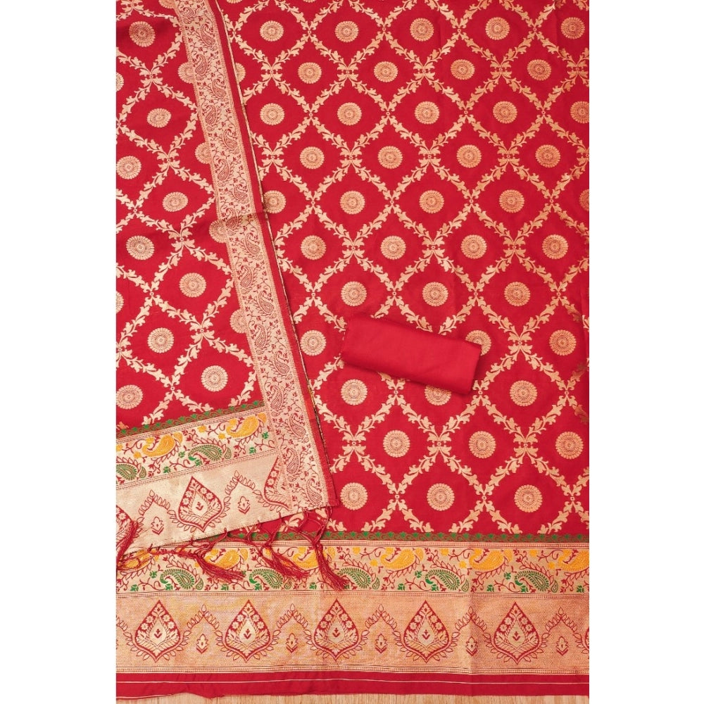 Vaystra Banarasi Silk Printed Unstitched Salwar Suit Material With Dupatta – Red