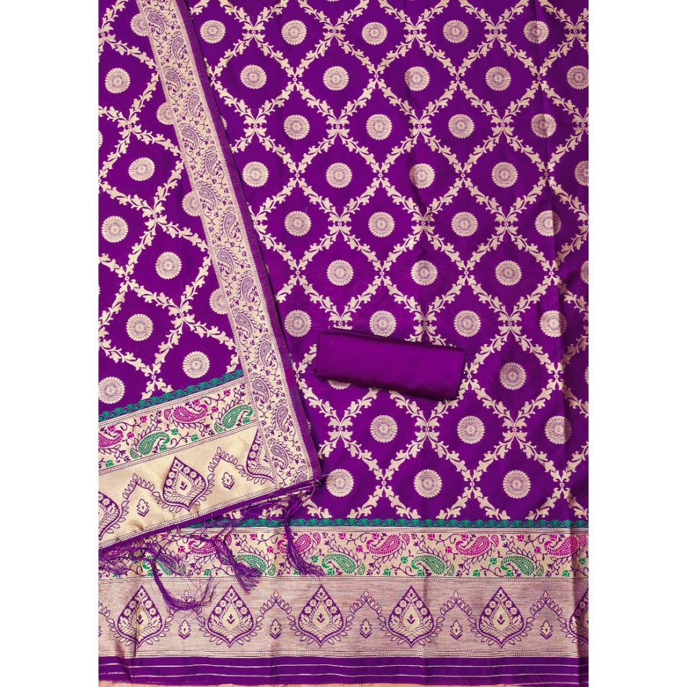 Vaystra Banarasi Silk Printed Unstitched Salwar Suit Material With Dupatta – Purple