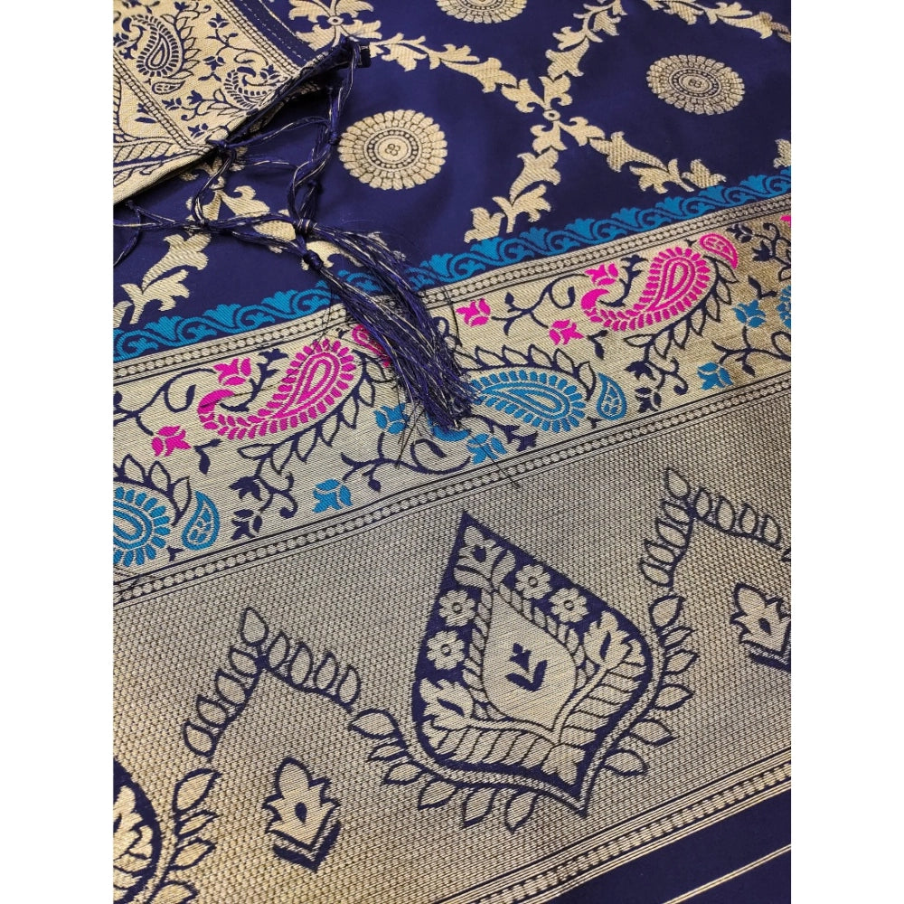 Vaystra Banarasi Silk Printed Unstitched Salwar Suit Material With Dupatta – Navy Blue